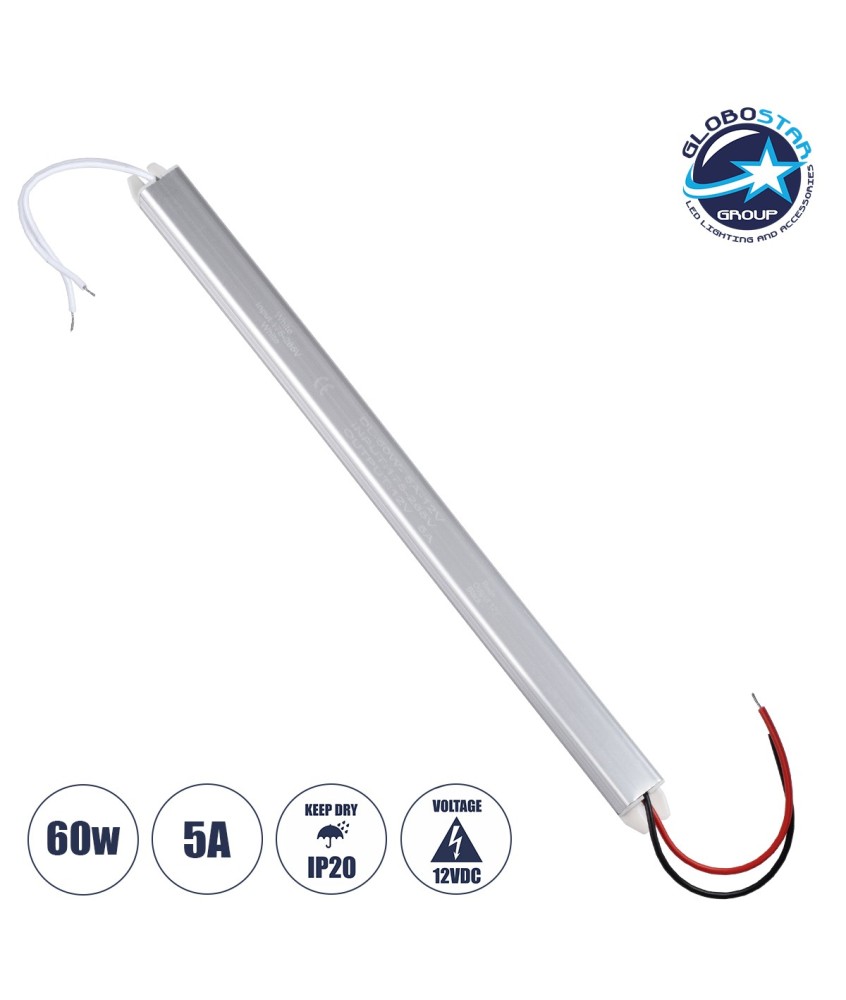 GLOBOSTAR® LUMISLIM 73024 Τροφοδοτικό-Μετασχηματιστής PELV 60W 5A DC 12V IP20 - AC 220-240V σε DC 12V - Μ31 x Π1.8 x Υ1.8cm - 3 Χρόνια Εγγύηση